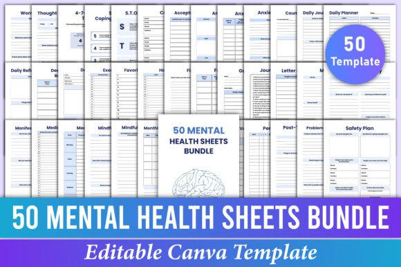 Download 50 Mental Health Sheets Bundle Canva Kdp - Health Collection